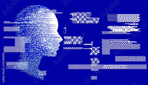 Artificial intelligence concept. Human head with glitched pixels, distorted profile of a woman made of square particles.