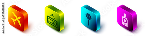Set Isometric Plane, Signboard with text Hotel, Lollipop and Sunscreen spray bottle icon. Vector.