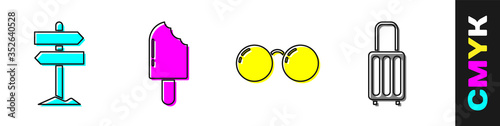 Set Road traffic signpost, Ice cream, Glasses and Suitcase icon. Vector.