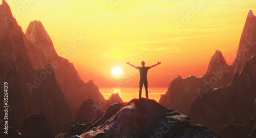 Silhouette of man on a peak of a mountain at sunset. 3d rendering