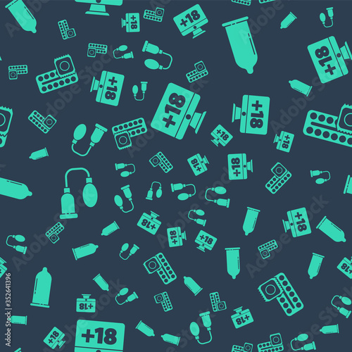 Set Monitor with 18 plus content, Condom, Penis pump and Birth control pills and condom on seamless pattern. Vector.