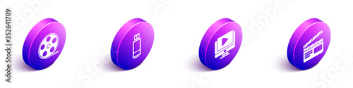 Set Isometric Film reel, USB flash drive, Online play video and Movie clapper icon. Vector.