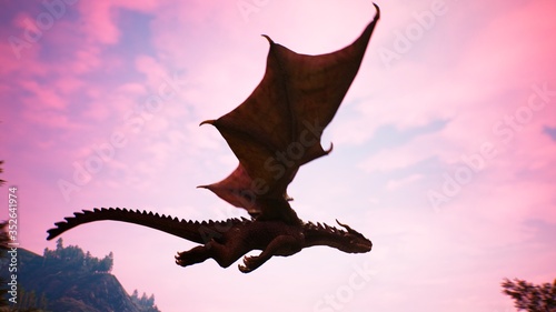 Realistic big dragon flying in the sky over the evening forest. Illustration for fabulous, fiction or fantasy backgrounds. 3D Rendering.
