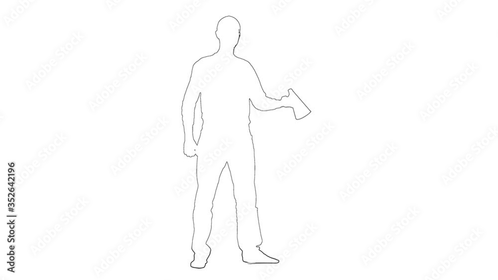Outline sketch of a person yelling through a megaphone. White background. Silhouette Outline sketch of a person yelling through a megaphone. White background. Silhouette