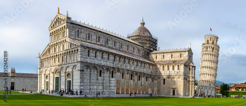 View of the Leaning Tower and the cathedral church of Pisa, Italy