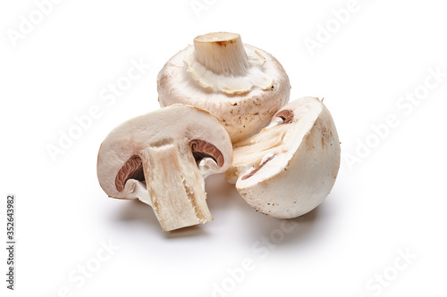 White mushrooms lie on a white background