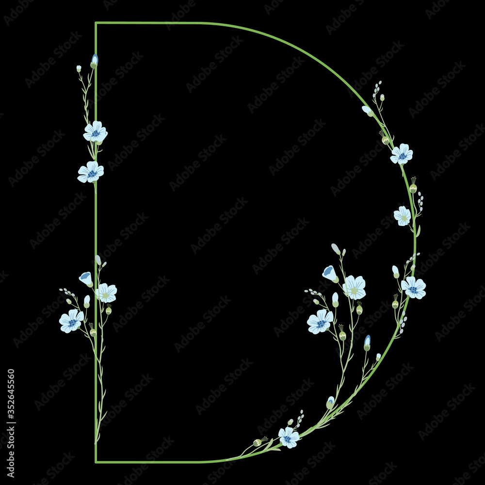 Capital letter D with flax flowers. Beautiful floral font. On black ...