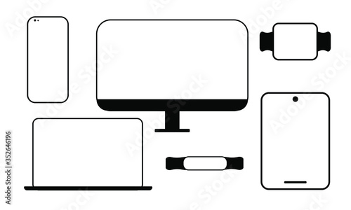 Desktop computer screen display smartphone tablet portable laptop smart watch. Gadgets for presenting visual information. Vector flat style.