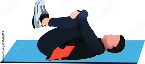 Postural gymnastics exercise. The illustration shows a man on a mat performing a stretching exercise.