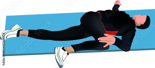 Postural gymnastics exercise. The illustration shows a man on a mat performing a stretching exercise.