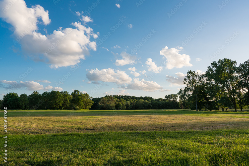 Wide view of the pastures of a river floodplain in the warm colors of the evening sun, Wide view of the pastures of a river floodplain in the warm colors of the evening sun,