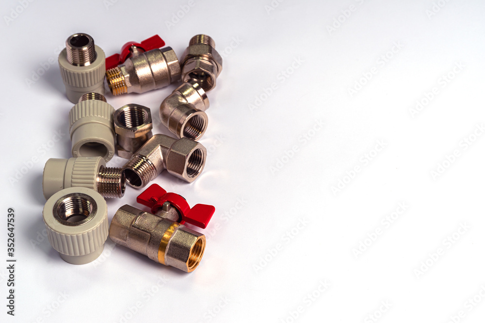 Completing for water supply and heating systems. Shut-off valves, ball valves and PPR fittings. Illustration for advertising, booklets or shop windows. Completing for water supply and heating systems. Shut-off valves, ball valves and PPR fittings. Illustration for advertising, booklets or shop windows.