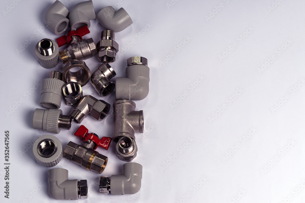 Completing for water supply and heating systems. Shut-off valves, ball valves and PPR fittings. Illustration for advertising, booklets or shop windows.