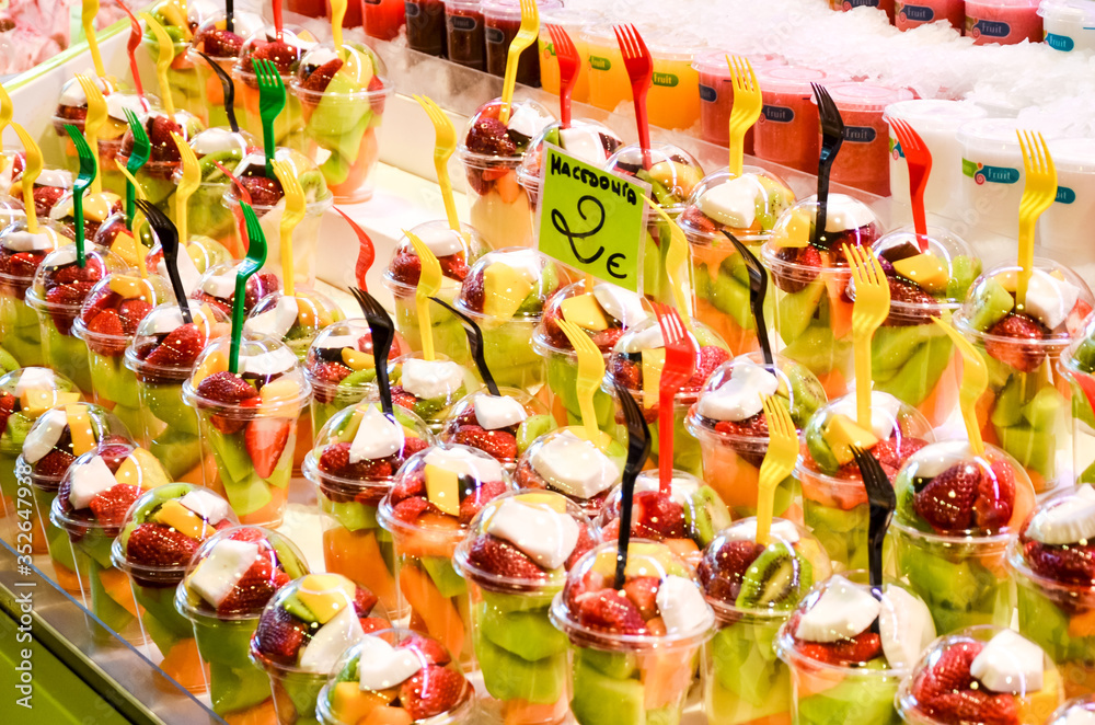 Arrays of fruit salad cups