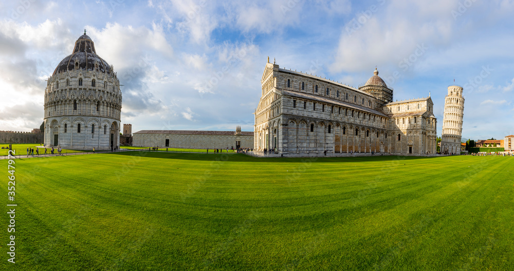 Panoramic view of the Leaning Tower  the cathedral church and the baptistery  of Pisa, Italy