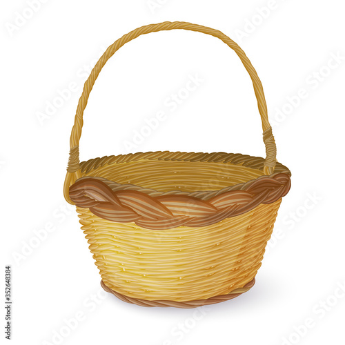 An empty wicker basket made of vines. Isolated on a white background. Vector illustration. Separate layer. Easy to use and introduce items.