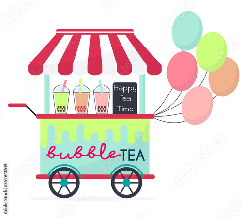 Flat vector illustration of colorful bubble tea cart with balloons. Asian famous pearl milk tea drinks sale trolley.