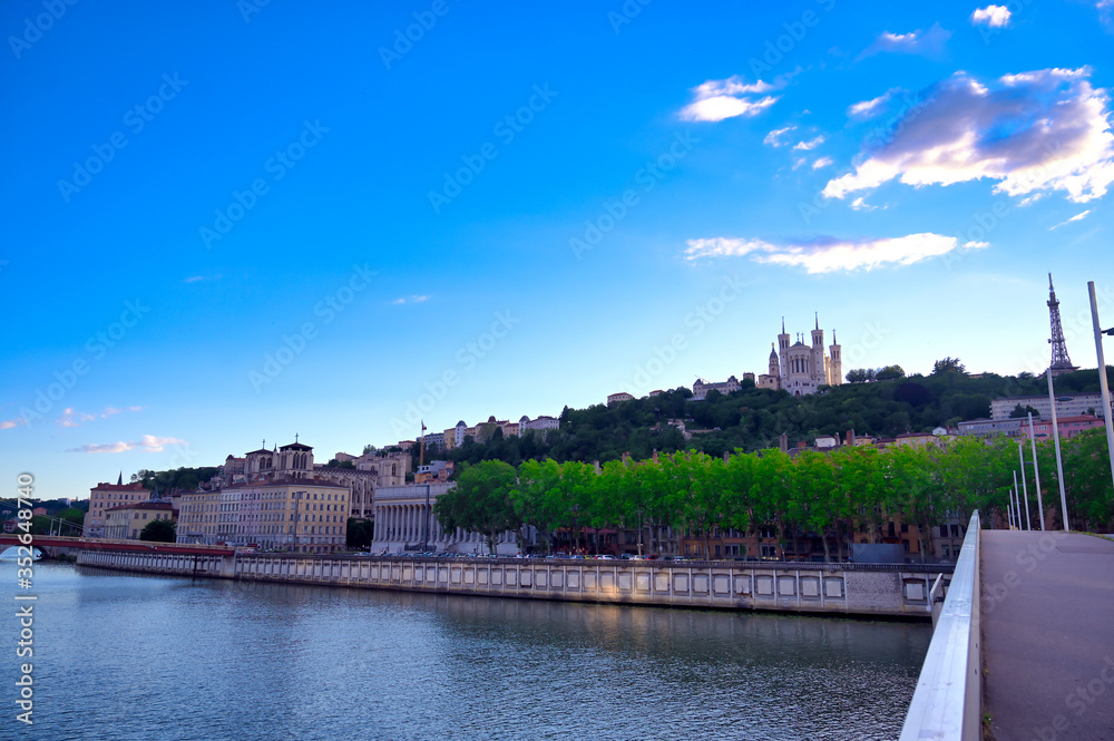 The Basilica of Notre Dame de Fourviere overlooking Lyon, France and the Saone River.