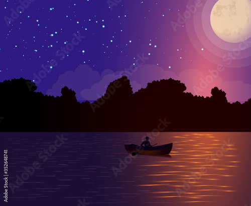 Night moonlit landscape, and starry sky, a lonely man floating in a boat on the river. Vector illustration.
