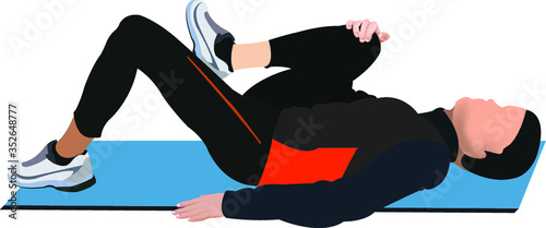 Postural gymnastics exercise. The illustration shows a man on a mat performing a stretching exercise.