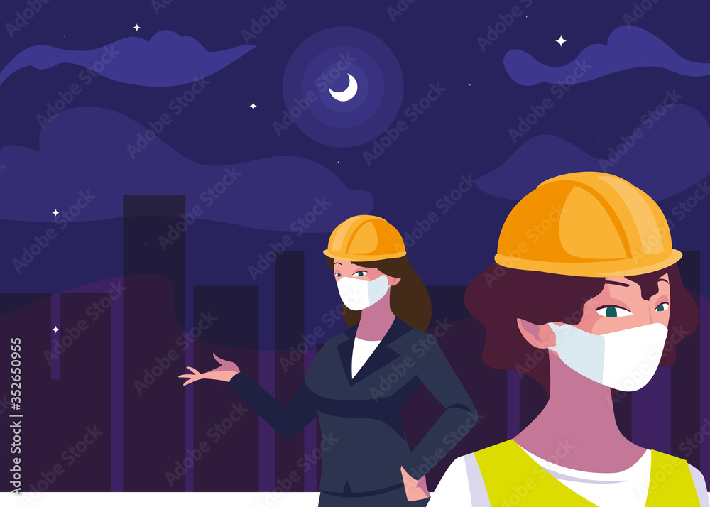 Architect and builder woman with mask and helmet at night vector design Architect and builder woman with mask and helmet at night vector design