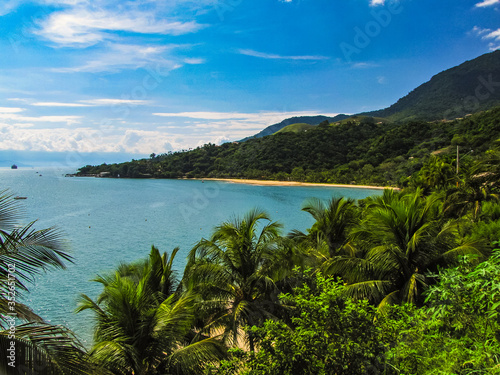 View from a mirante in Ilhabela, showcasing lush vegetation in the foreground, leading to a pristine, deserted beach and a mountain covered by tropical forest in the background. photo