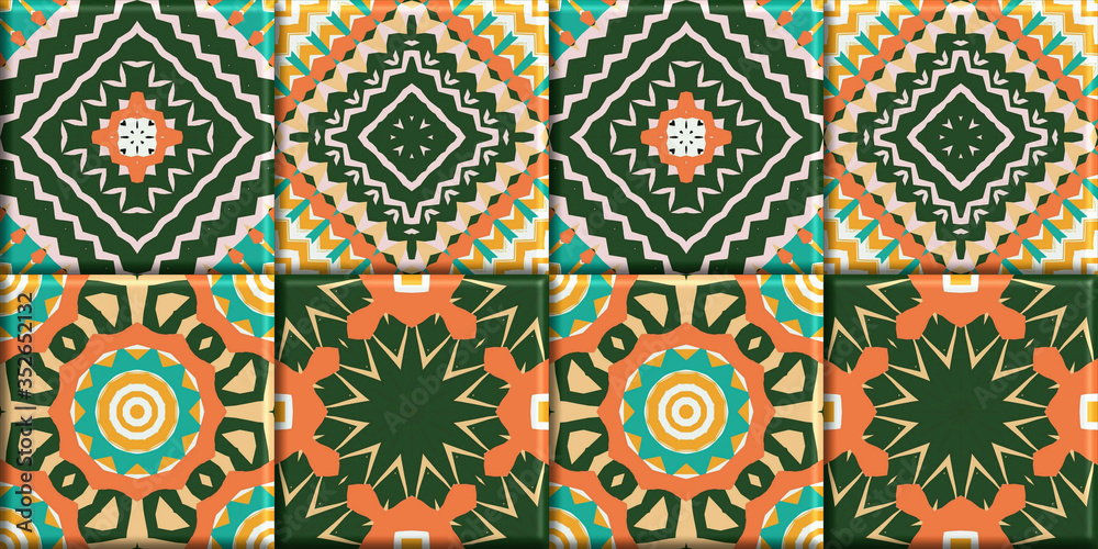 green & orange color embossed tile Design for ceramic, mosaic watercolor tile .Tile acrylic painted seamless, Vintage Moroccan pattern use for background, textures & textile, tile illustration.