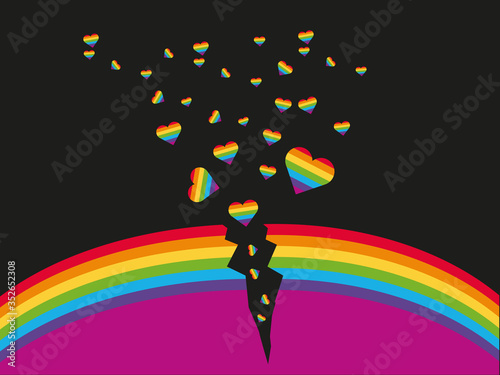Broken rainbow with color small hearts on a black background.