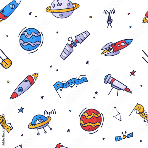 Space seamless pattern print design. Doodle Vector illustration design for fashion fabrics, textile graphics, prints.