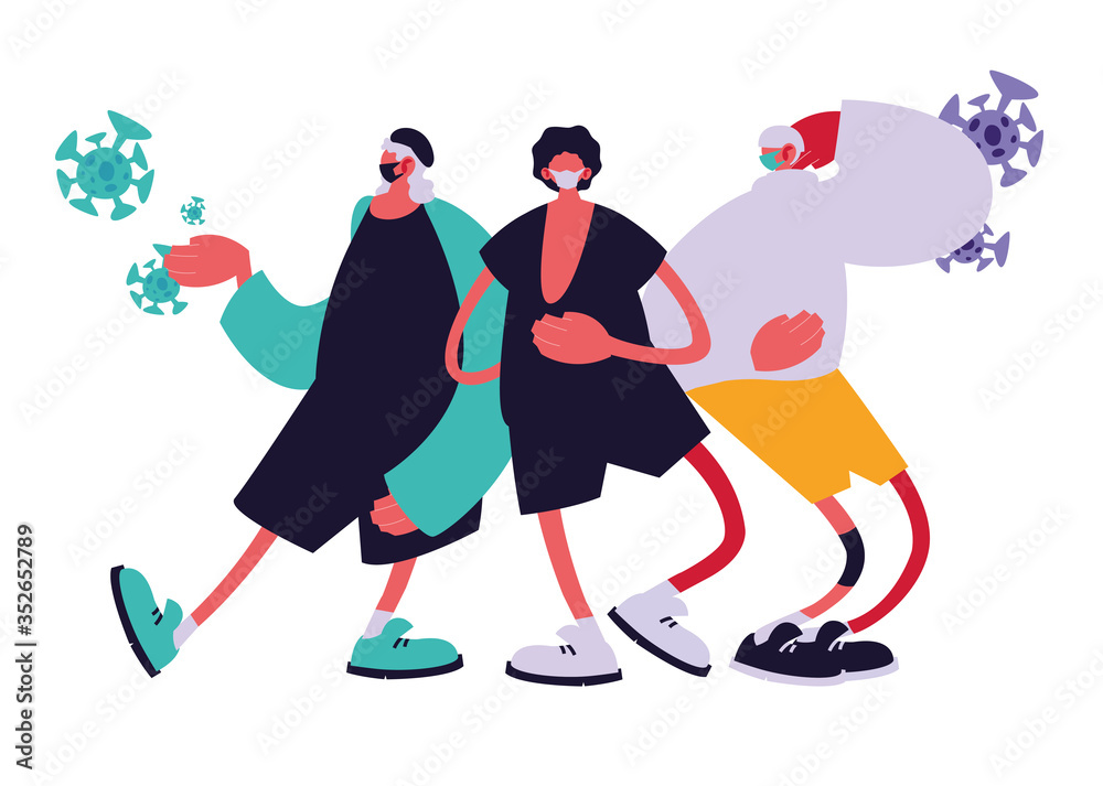 Urban men cartoons with masks and covid 19 virus vector design Urban men cartoons with masks and covid 19 virus vector design