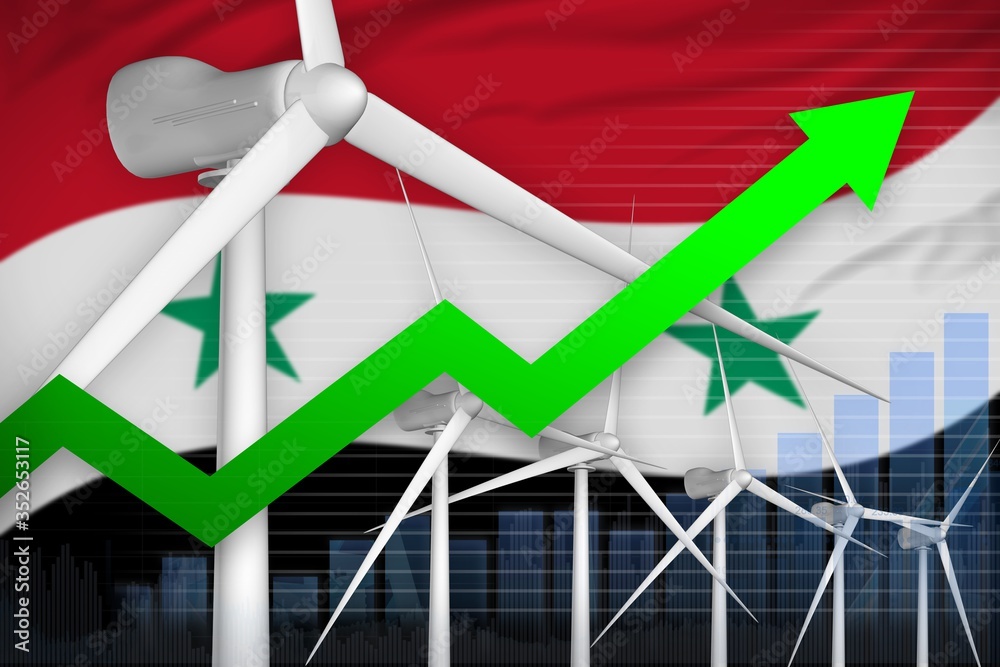 Fototapeta premium Syrian Arab Republic wind energy power rising chart, arrow up - renewable natural energy industrial illustration. 3D Illustration