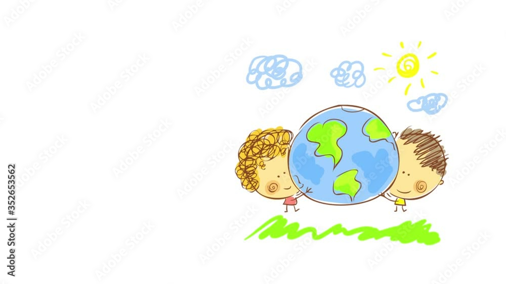 cute drawing of two kids hugging a globe on a summer day outside on open field representing love for nature and eco friendly consciousness to preserve life on earth cute drawing of two kids hugging a globe on a summer day outside on open field representing love for nature and eco friendly consciousness to preserve life on earth