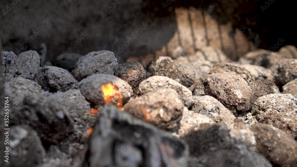 View Of Flaming Hot Charcoal Briquettes. Burning Charcoals For Cooking Barbecue View Of Flaming Hot Charcoal Briquettes. Burning Charcoals For Cooking Barbecue