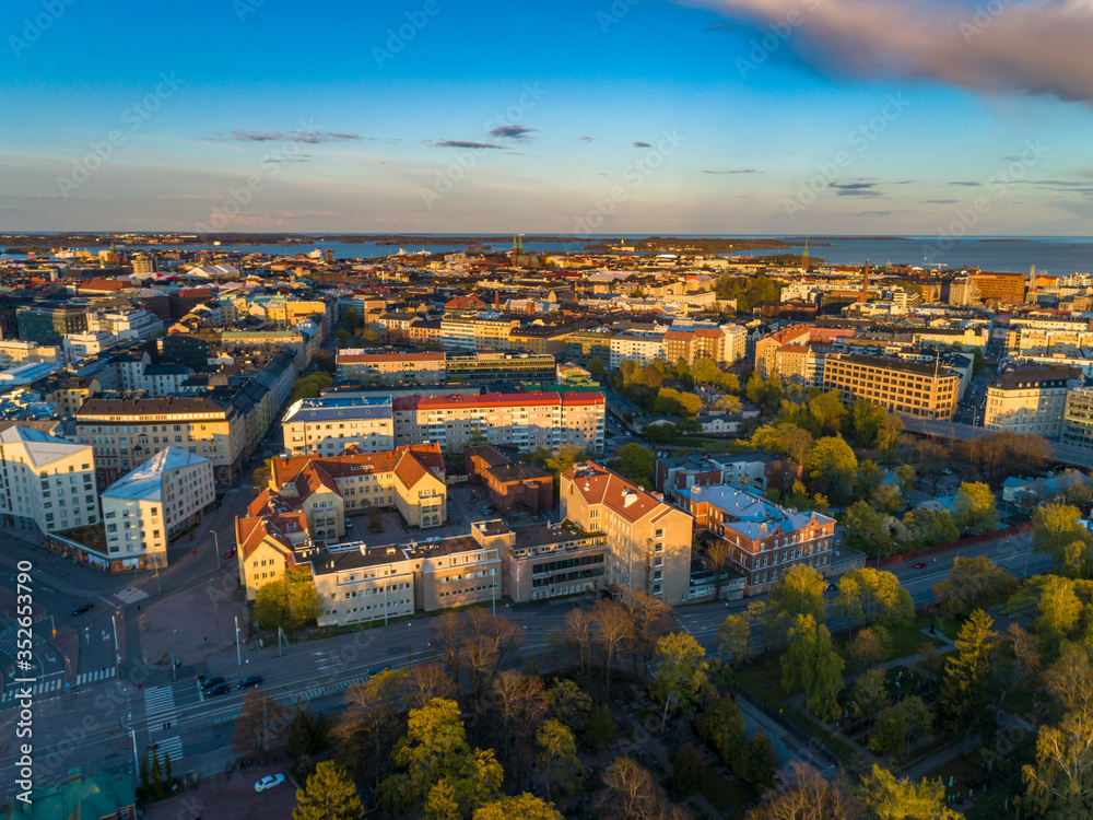Aerial view of Helsinki city Finland. Sky and colorful buildings.	