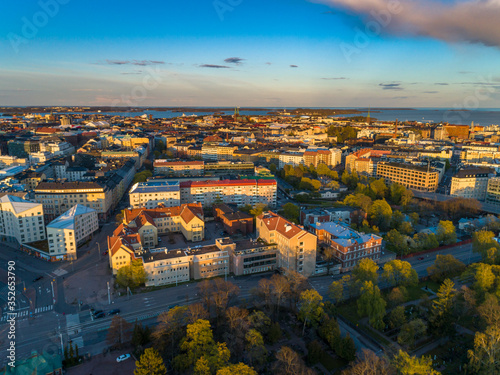 Aerial view of Helsinki city Finland. Sky and colorful buildings. 