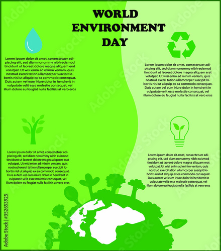 Día mundial del medio ambiente, ilustración de la tierra rodeada de naturaleza, símbolo del agua, reciclar, plantar y ahorrar energía, sobre un fondo verde
