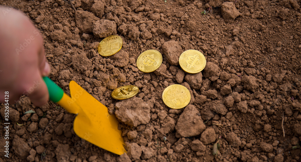 Bitcoin cryptocurrency, the future of business and payments. Rising value of bitcoin. Virtual currency. Excavation of gold coins from the ground Bitcoin cryptocurrency, the future of business and payments. Rising value of bitcoin. Virtual currency. Excavation of gold coins from the ground