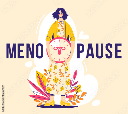 Menopause concept. Woman holds clock with female genital organs silhouette. Sign menopause. Modern flat vector illustration