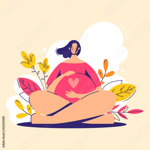 Pregnancy concept. Pregnant woman holds her belly with heart on it. Modern flat vector illustration
