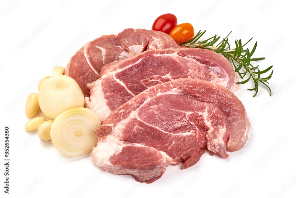Raw pork steaks, isolated on white background Raw pork steaks, isolated on white background