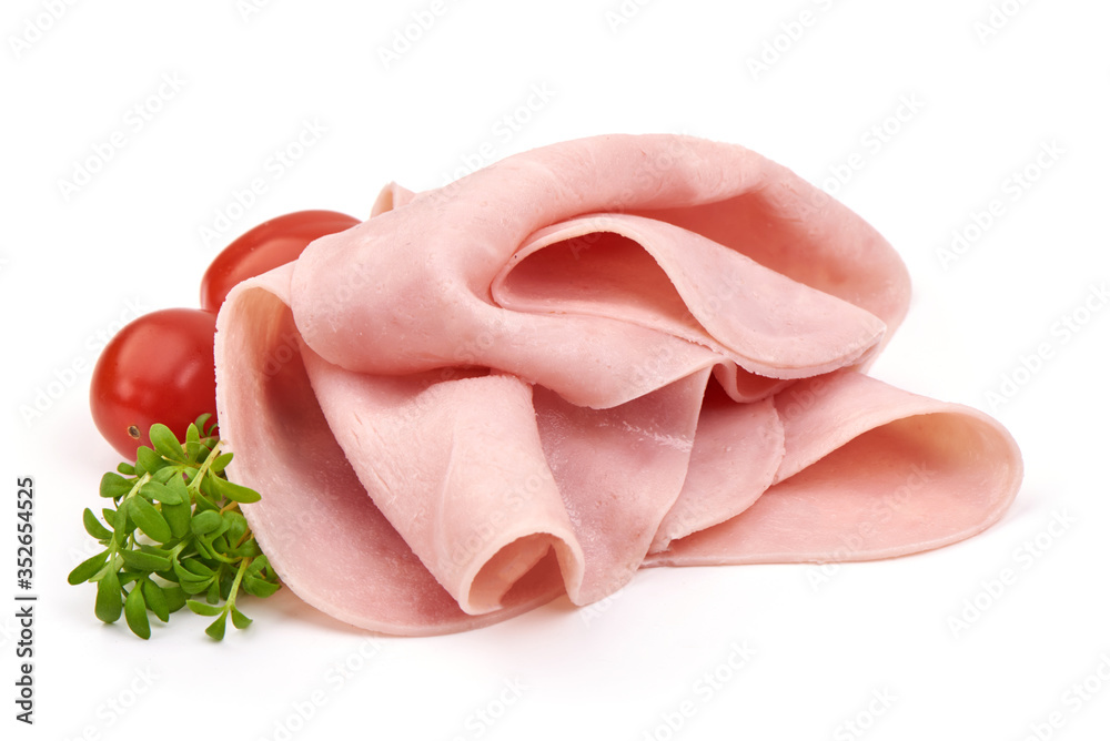 Sliced boiled ham sausage, isolated on white background Sliced boiled ham sausage, isolated on white background