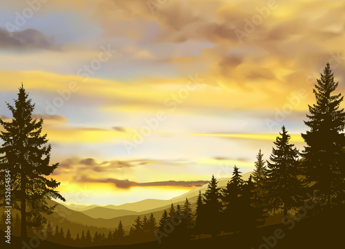Nature background of mountains panorama. Colorful sunset in wild terrain. Cloudy sky.