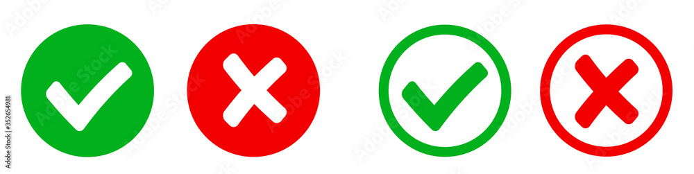 Check mark and X mark icon. Checkmark and x mark icon for apps and websites. Green and red check mark icon on white background - stock vector.