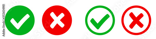 Check mark and X mark icon. Checkmark and x mark icon for apps and websites. Green and red check mark icon on white background - stock vector. photo