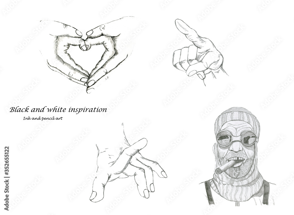 Ink drawn sketch illustration of a set of human skulls, anatomy of human hands, hands in shape of heart, portrait of polar man with sigare in glasses and warm hat isolated on white background. Ink drawn sketch illustration of a set of human skulls, anatomy of human hands, hands in shape of heart, portrait of polar man with sigare in glasses and warm hat isolated on white background.