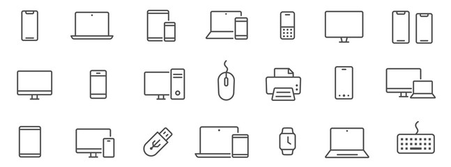Device and technology line icon set. Electronic devices and gadgets, computer, equipment and electronics. Computer monitor, smartphone, tablet and laptop sumbol collection - stock vector.