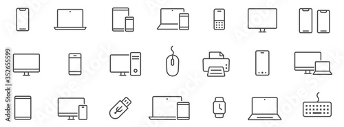 Device and technology line icon set. Electronic devices and gadgets, computer, equipment and electronics. Computer monitor, smartphone, tablet and laptop sumbol collection - stock vector.