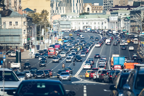 Traffic jam with cars in center of Moscow, Russia