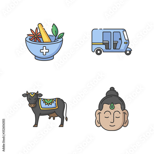 Indian culture RGB color icons set. Ayurveda. Alternative medicine. Auto rickshaw. Tuk-tuk. Holy cow. Sacred animal. Gautama Buddha. Founder of Buddhism. Isolated vector illustrations