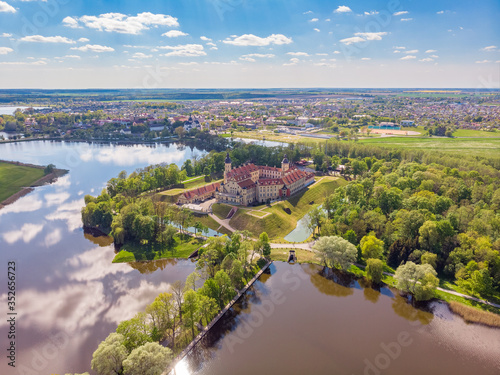 Flying above Nesvizh Castle in Belarus. Drone aerial photo